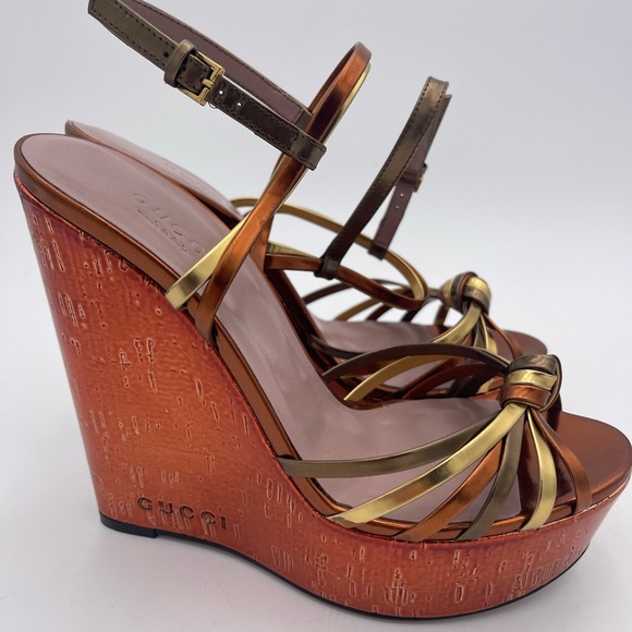 Gucci Shoes - Gucci Metallic Gold & Bronze Strappy Wedge Sandals